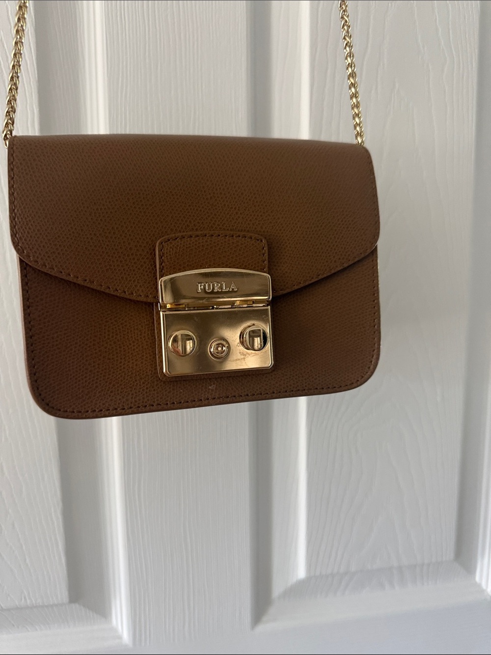 Furla Cognac Saffiano Leather Crossbody with Gold Lock